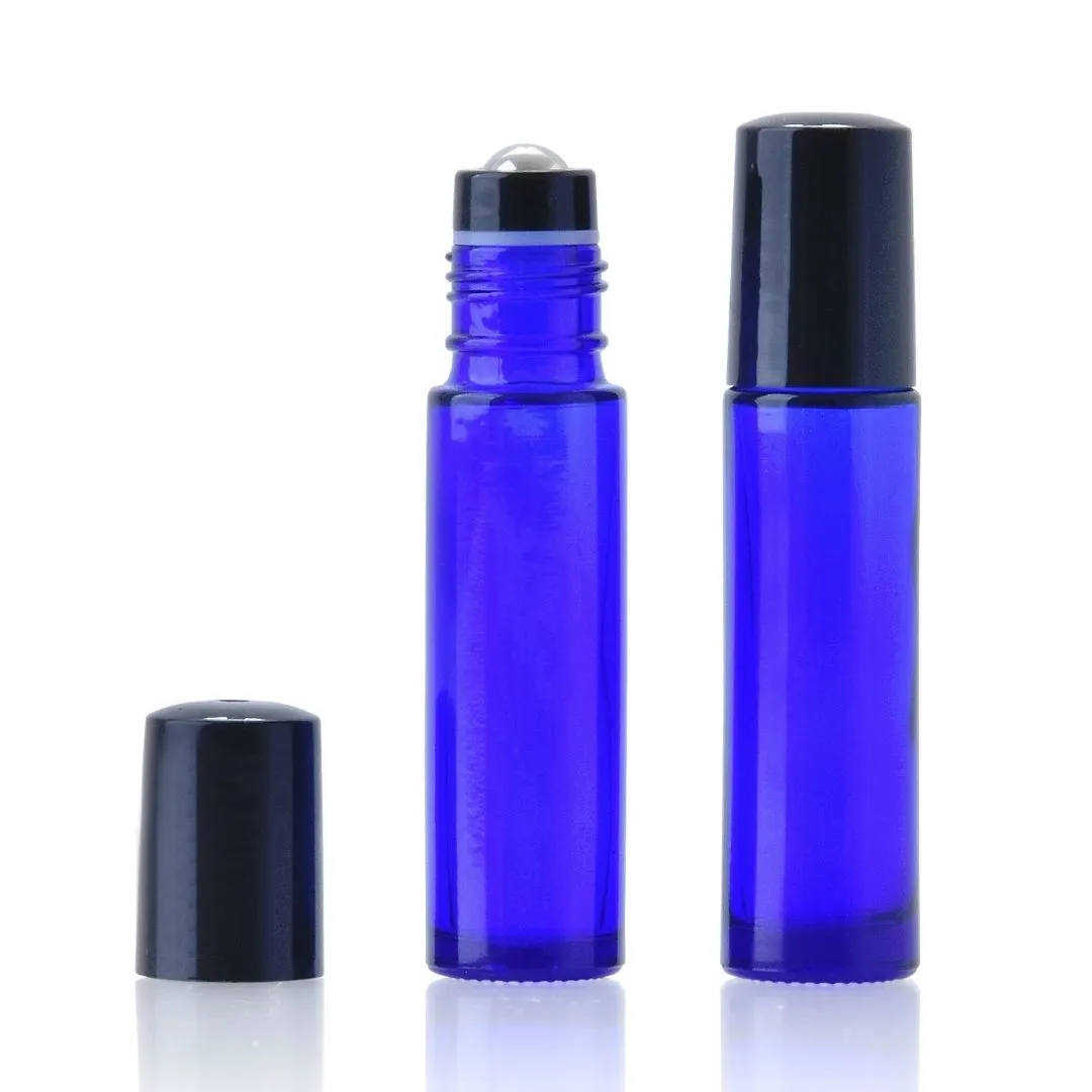 10ml Cobalt Blue Glass Roller Bottle with Black Lid (5 pack)