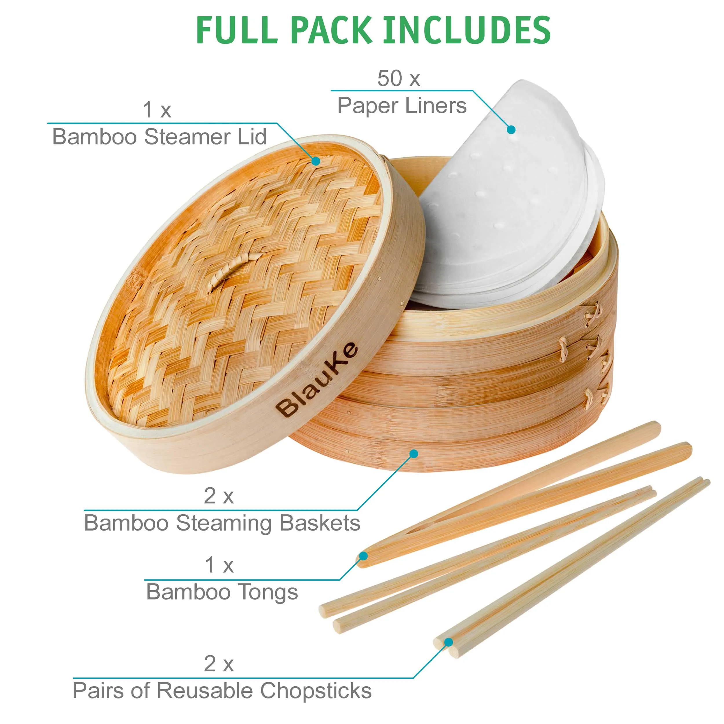 2-Tier Bamboo Steamer for Cooking Dumplings, Vegetables, Meat, Fish,