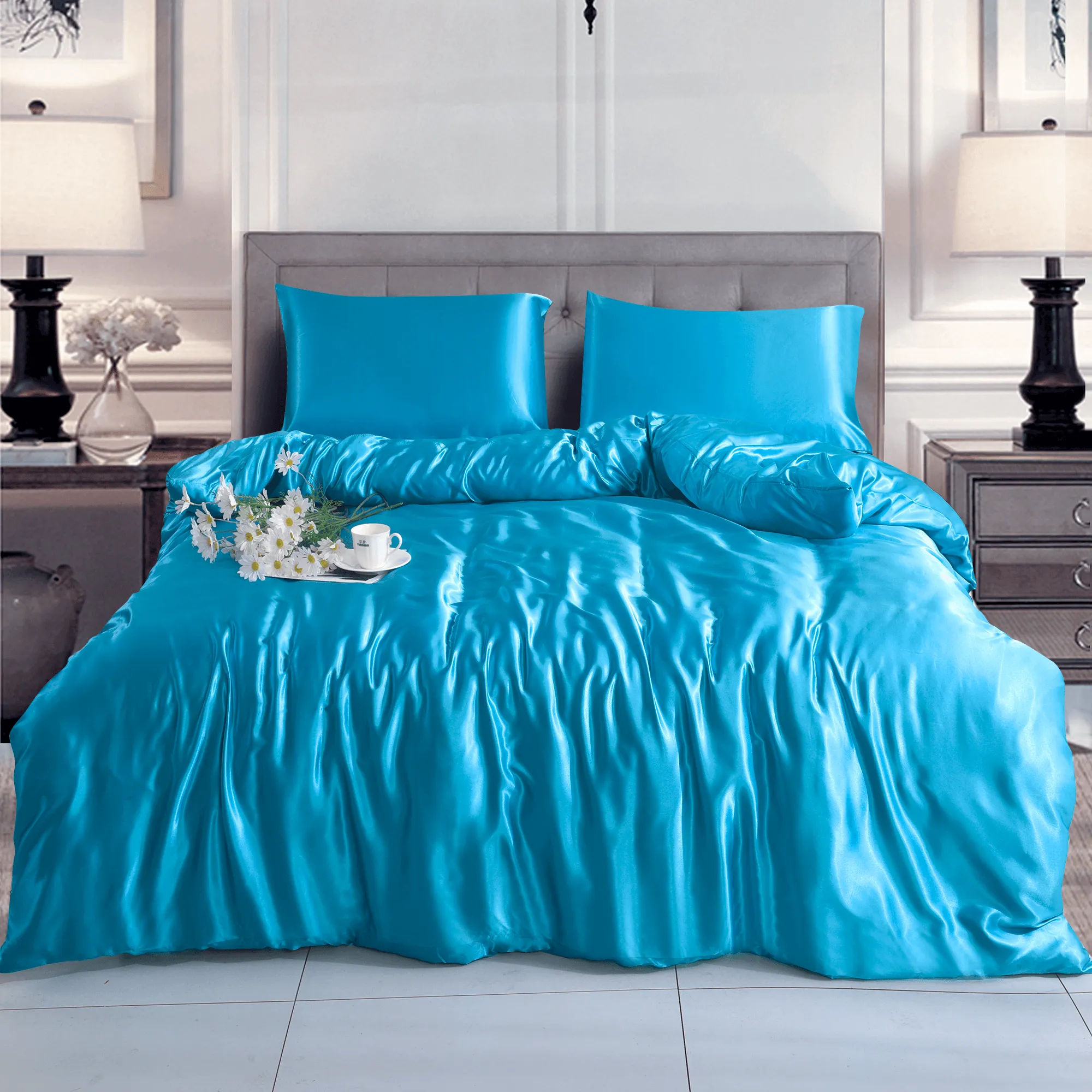 3 PCS Silky Soft Duvet & Pillowcases-Elegant Sky Blue Satin Bedding Set