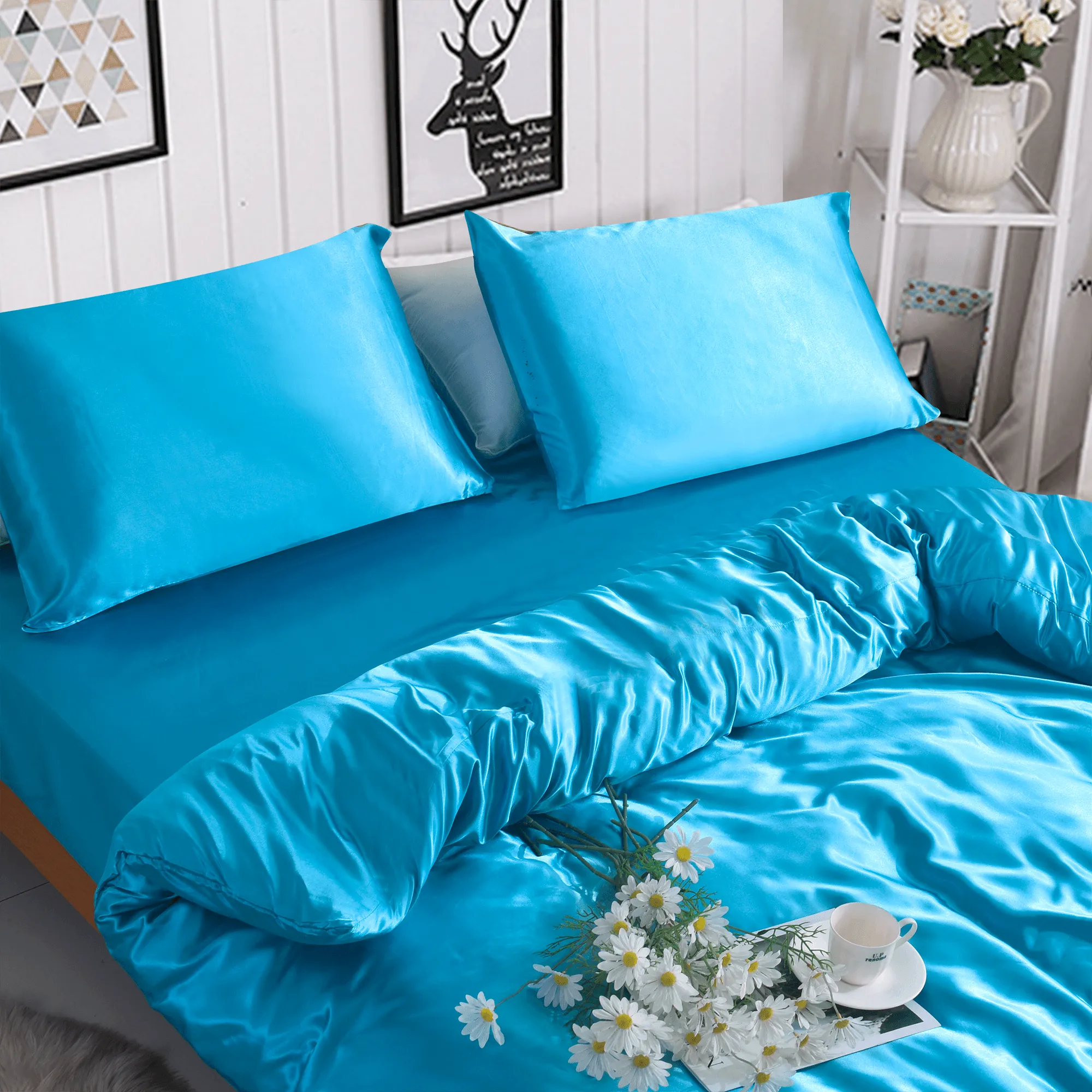 3 PCS Silky Soft Duvet & Pillowcases-Elegant Sky Blue Satin Bedding Set