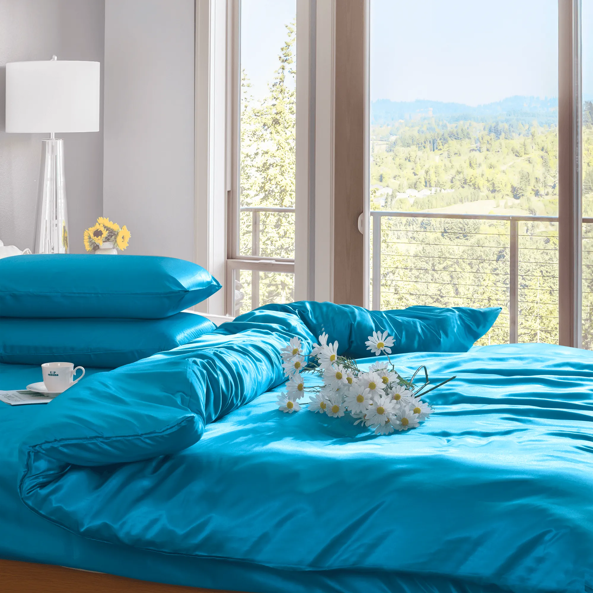 3 PCS Silky Soft Duvet & Pillowcases-Elegant Sky Blue Satin Bedding Set