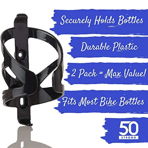 50 Strong Bicycle Water Bottle Holder 2 Pack - Easy to Install Bike Cage - Made in USA (Black)