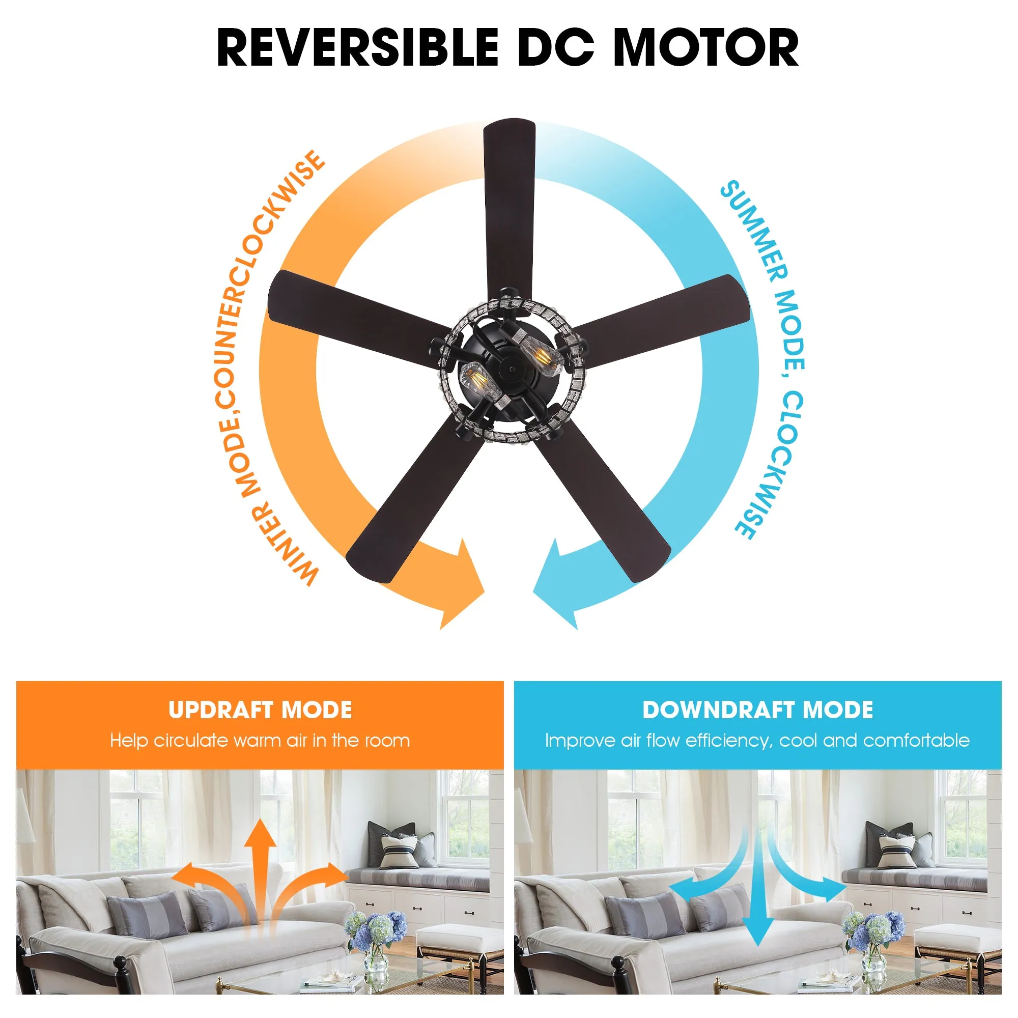 52" Dicken Modern Downrod Mount Reversible Crystal Ceiling Fan with Lighting and Remote Control