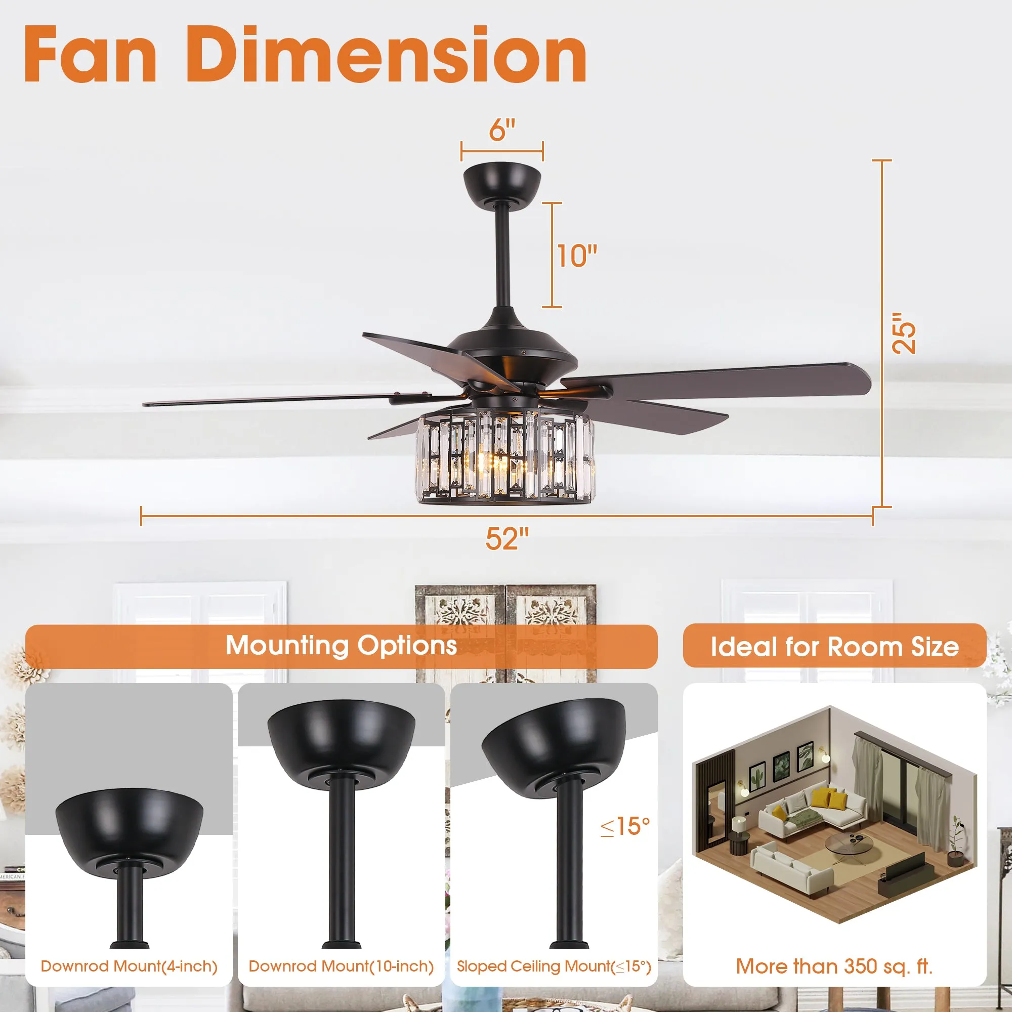 52" Dicken Modern Downrod Mount Reversible Crystal Ceiling Fan with Lighting and Remote Control