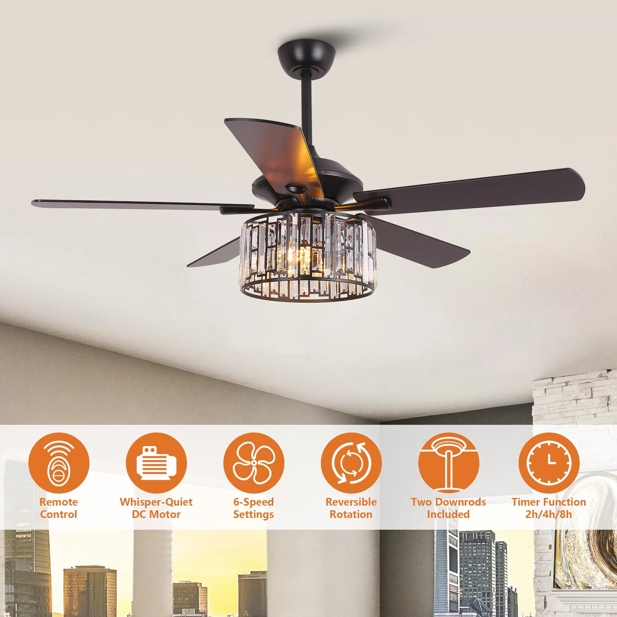 52" Dicken Modern Downrod Mount Reversible Crystal Ceiling Fan with Lighting and Remote Control