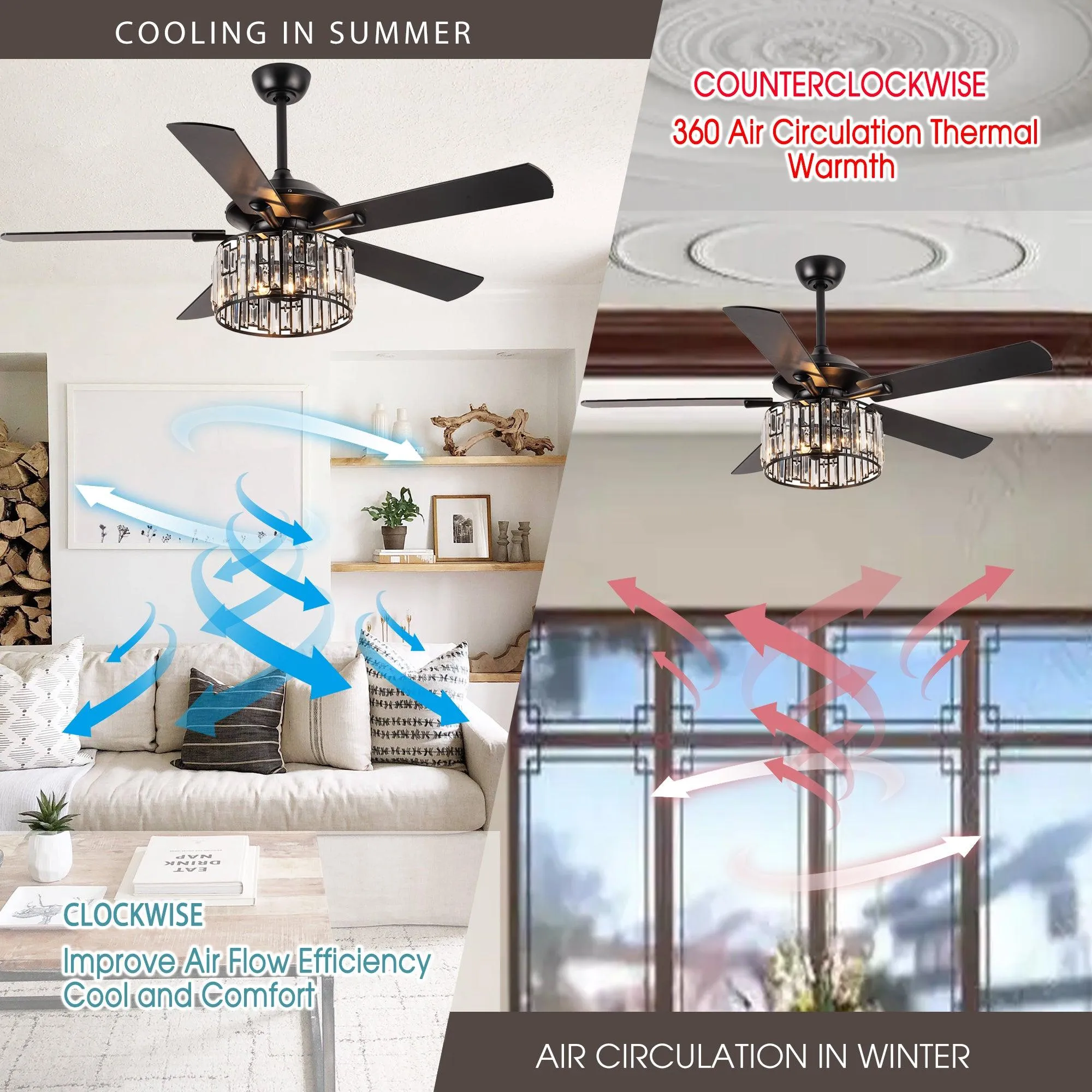 52" Dicken Modern Downrod Mount Reversible Crystal Ceiling Fan with Lighting and Remote Control