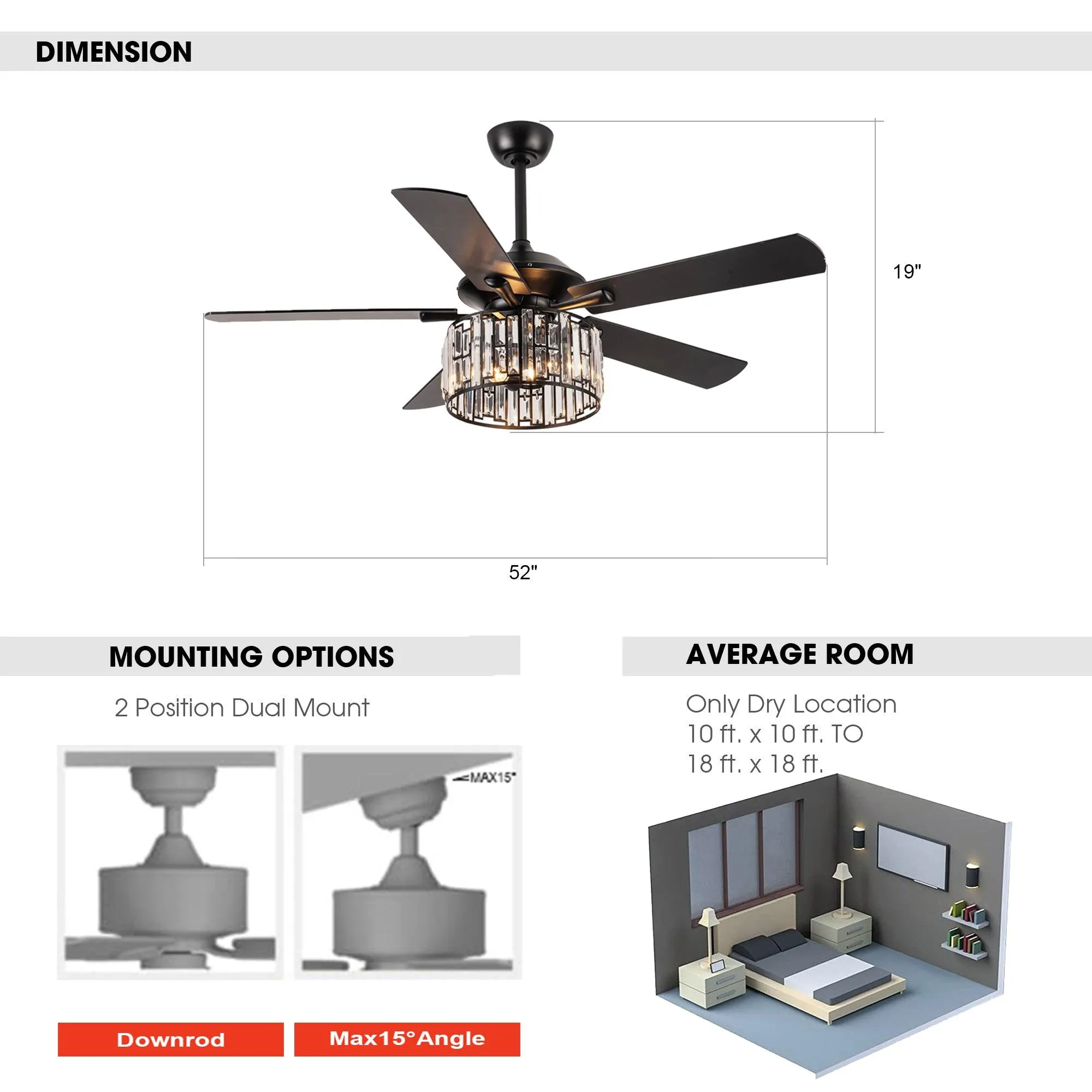 52" Dicken Modern Downrod Mount Reversible Crystal Ceiling Fan with Lighting and Remote Control