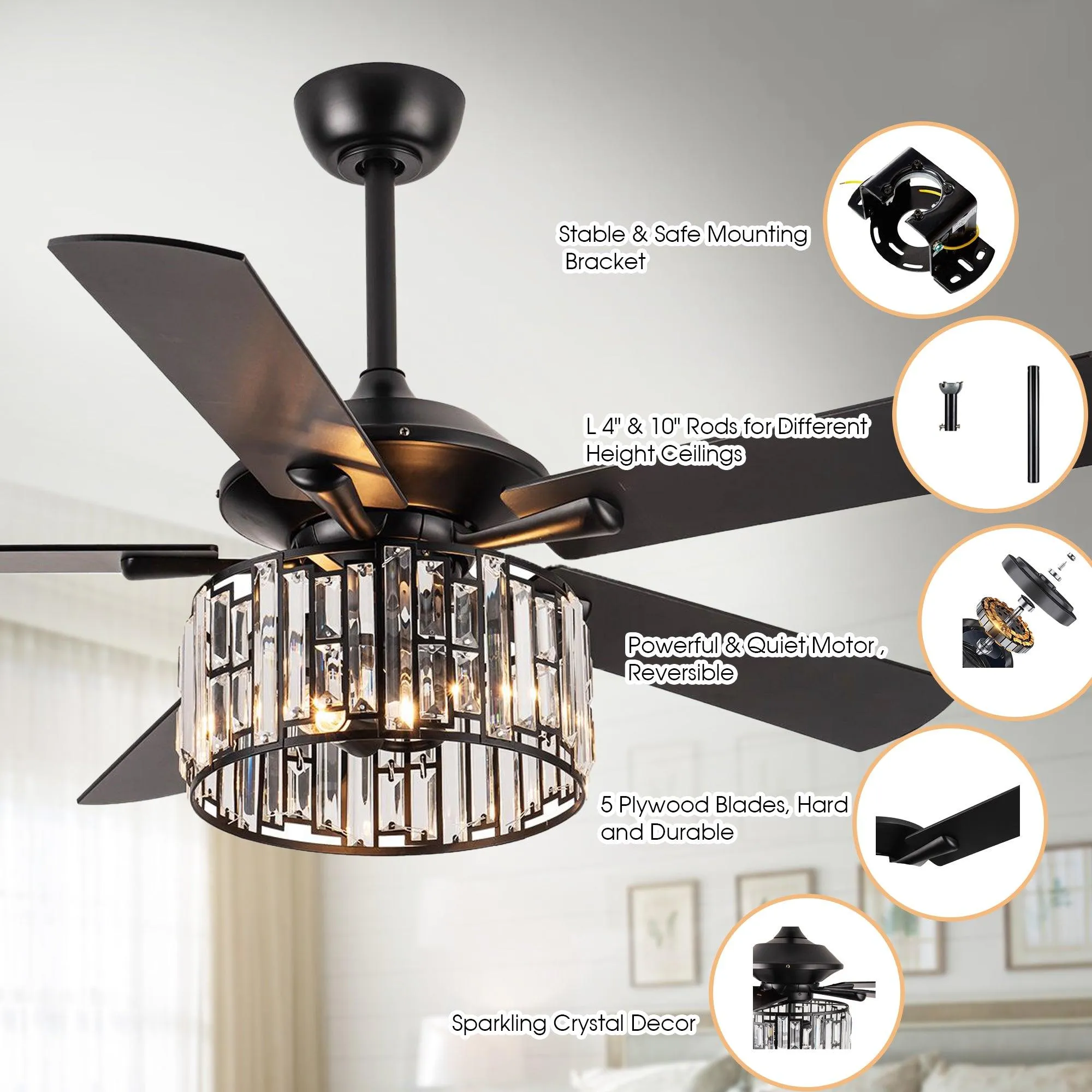 52" Dicken Modern Downrod Mount Reversible Crystal Ceiling Fan with Lighting and Remote Control