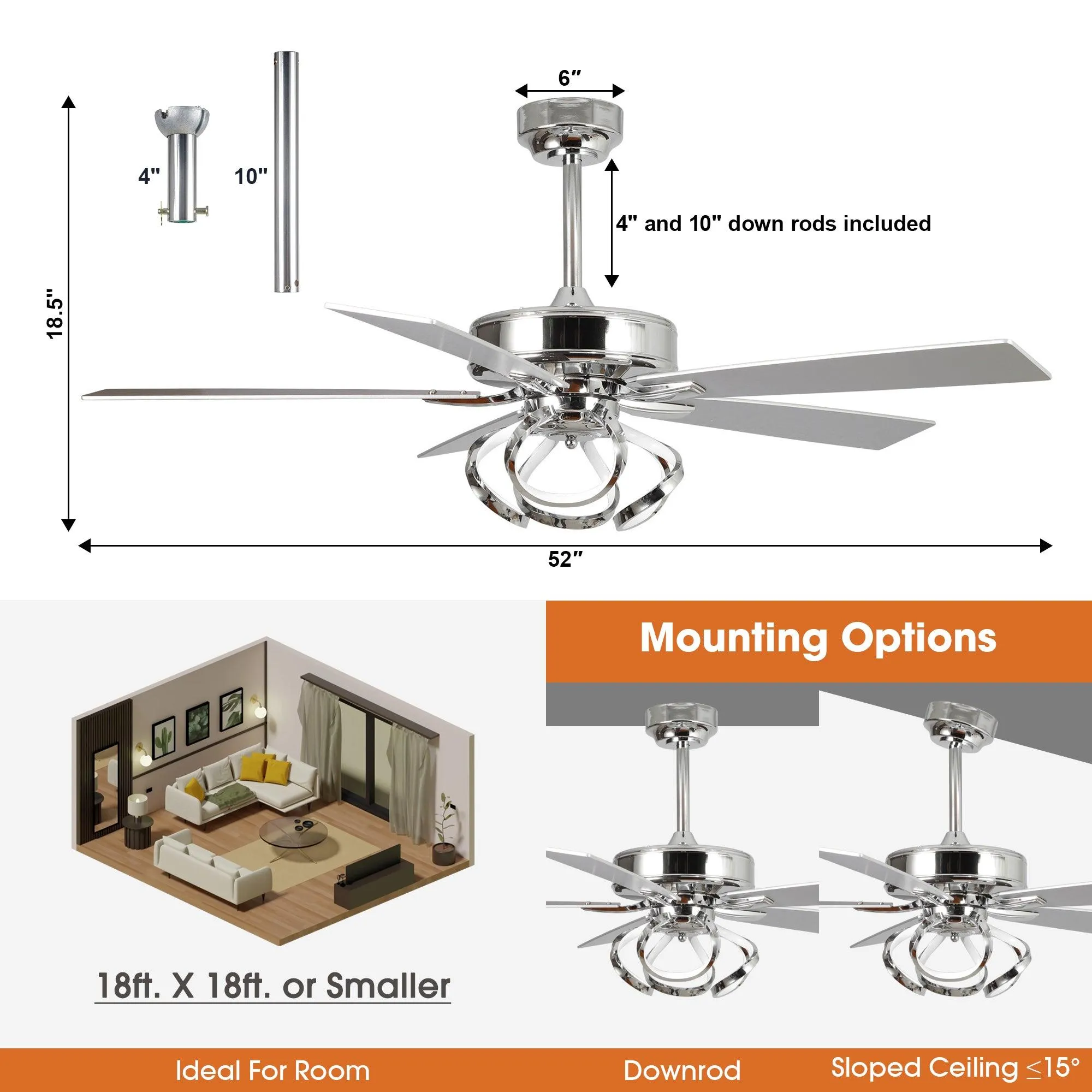 52" Zelda Modern DC Motor Downrod Mount Reversible Ceiling Fan with Lighting and Remote Control