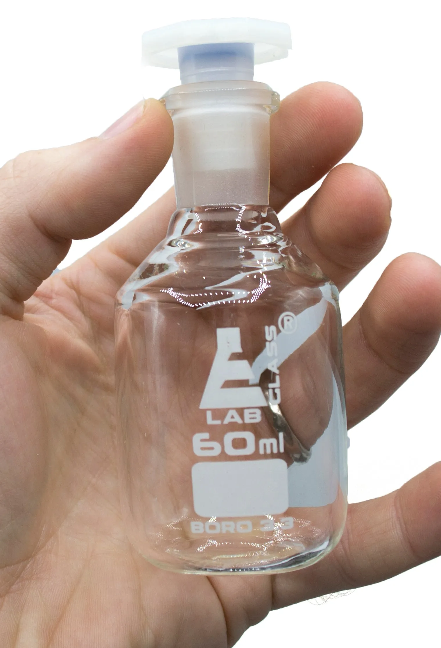 60mL (2oz) Glass Reagent Bottle with Acid Proof Polypropylene Stopper, Borosilicate 3.3 Glass - Eisco Labs