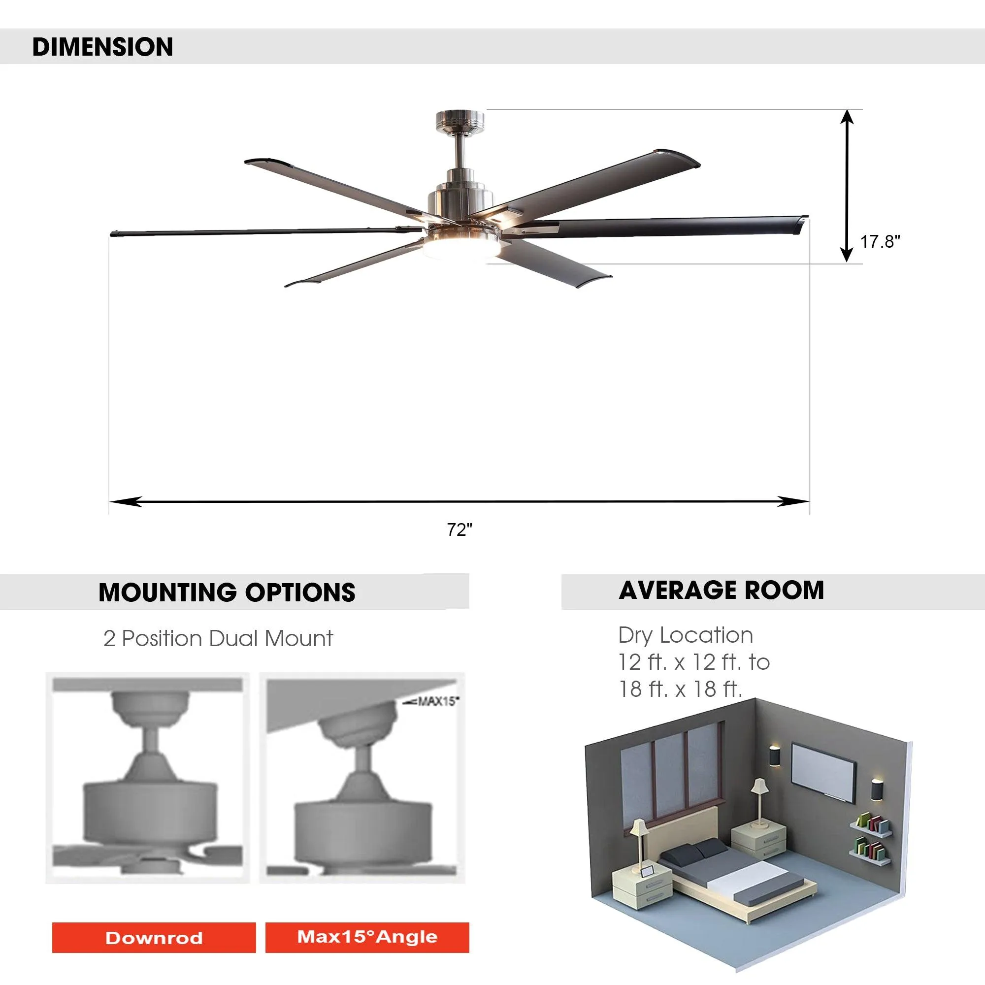 72" Bankston Modern DC Motor Downrod Mount Reversible Ceiling Fan with Lighting and Remote Control