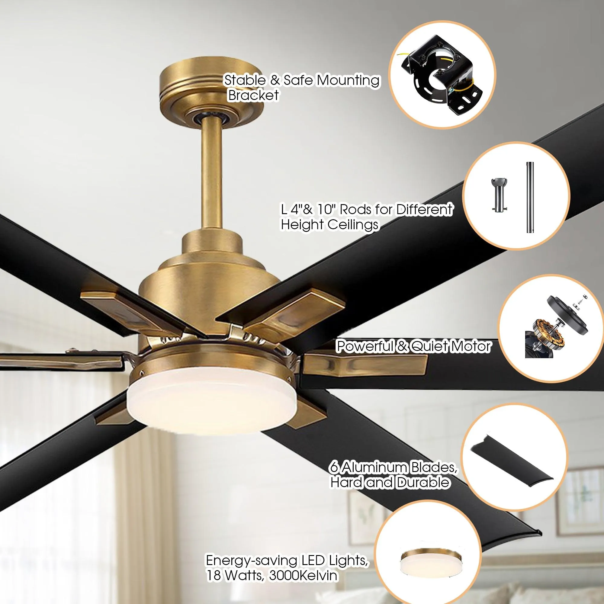 72" Bankston Modern DC Motor Downrod Mount Reversible Ceiling Fan with Lighting and Remote Control