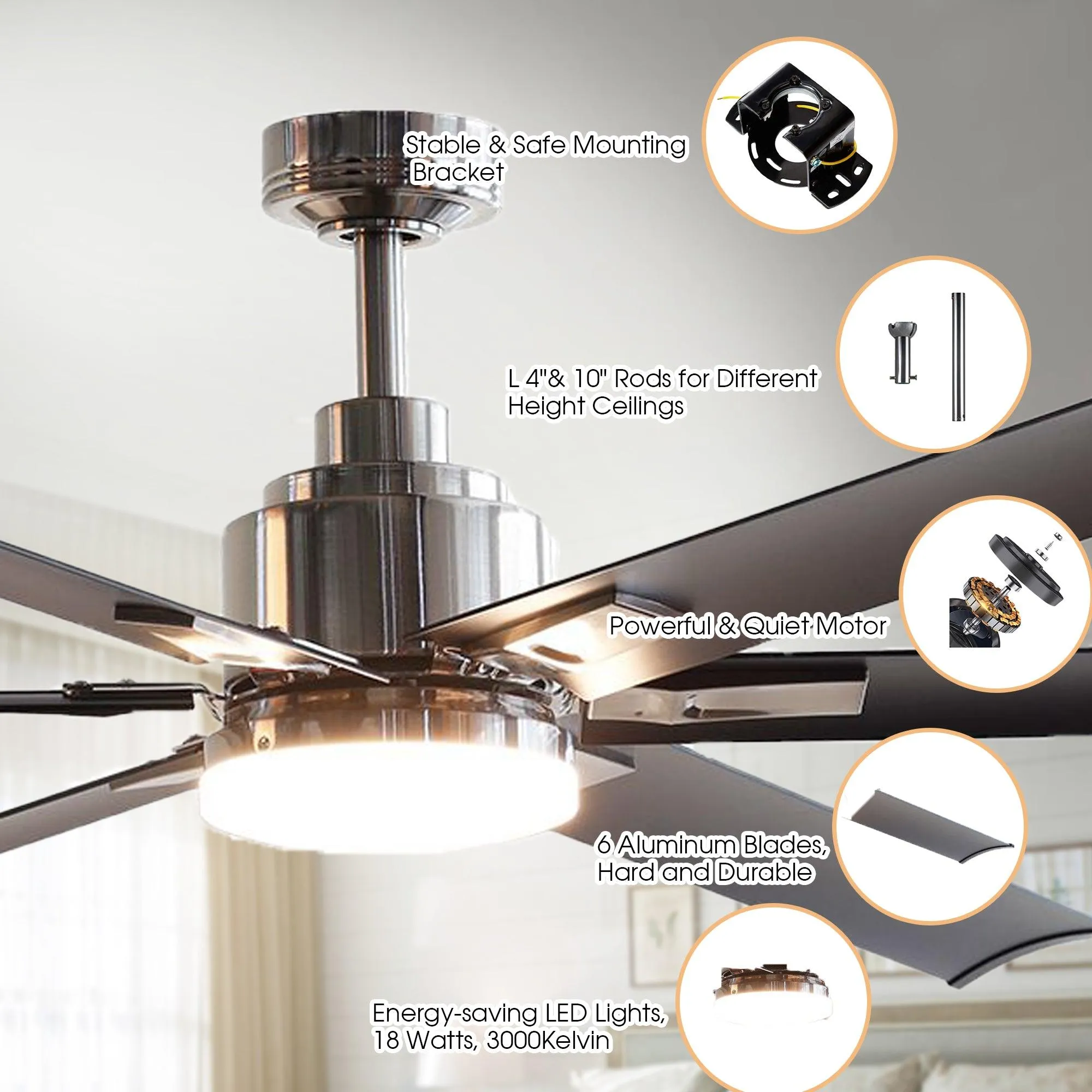 72" Bankston Modern DC Motor Downrod Mount Reversible Ceiling Fan with Lighting and Remote Control