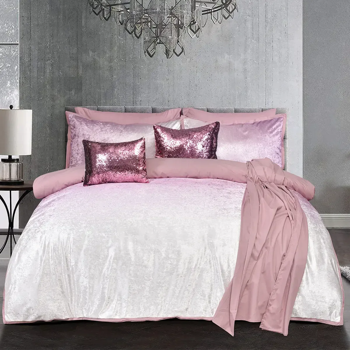 8 PCS BED SET PINK VELVET - KING