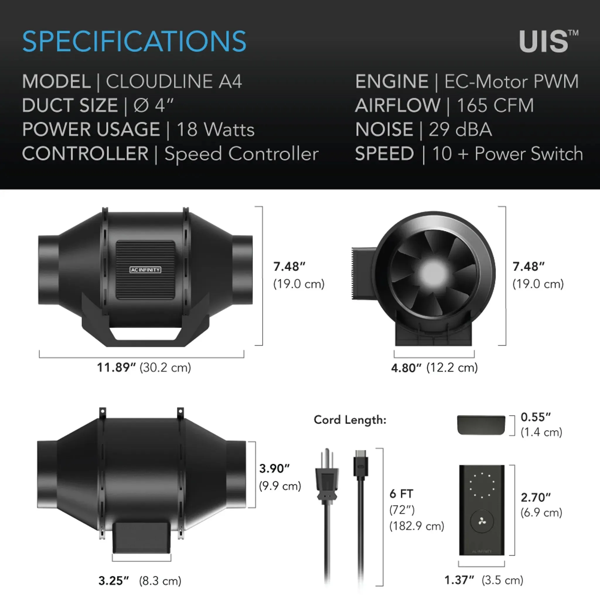 AC Infinity CLOUDLINE LITE A4 Inline Duct Fan System with Speed Controller, 4"