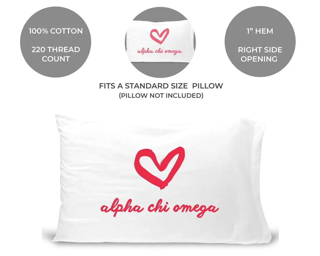 Alpha Chi Omega Sorority Name with Heart Design on Printed Pillowcase