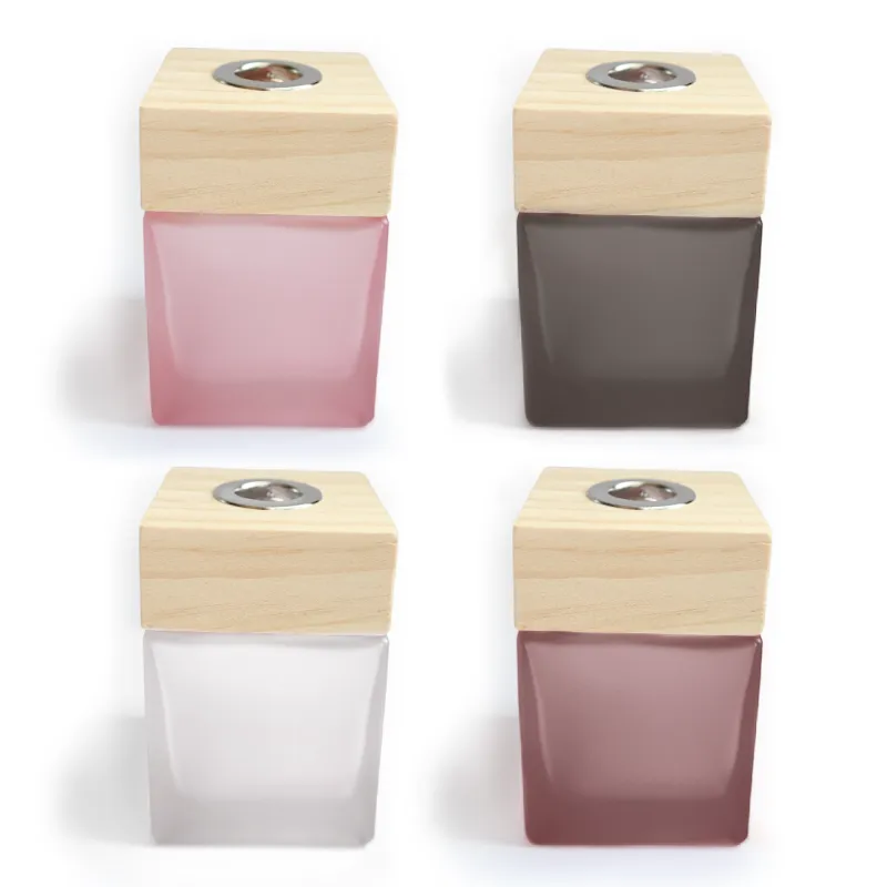 Amalthea - Square Reed Diffuser Bottles w/ Frosted Glass & Wood Lid