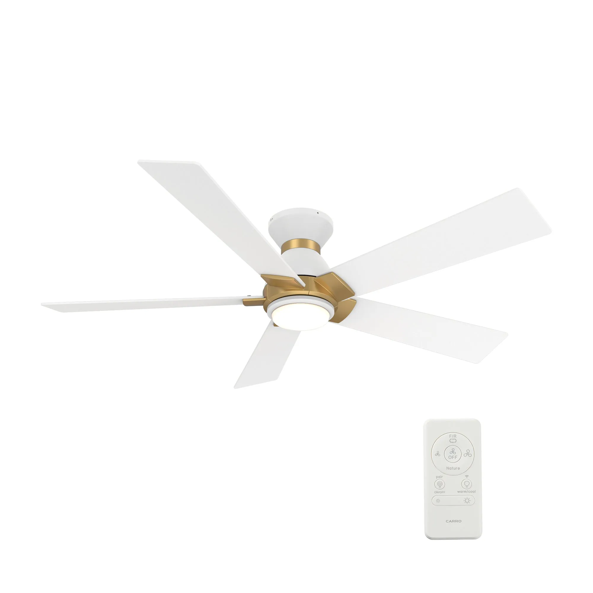 ASCENDER 48 inch 5-Blade Flush Mount Smart Ceiling Fan with LED Light & Remote Control - White/White (Gold Details)