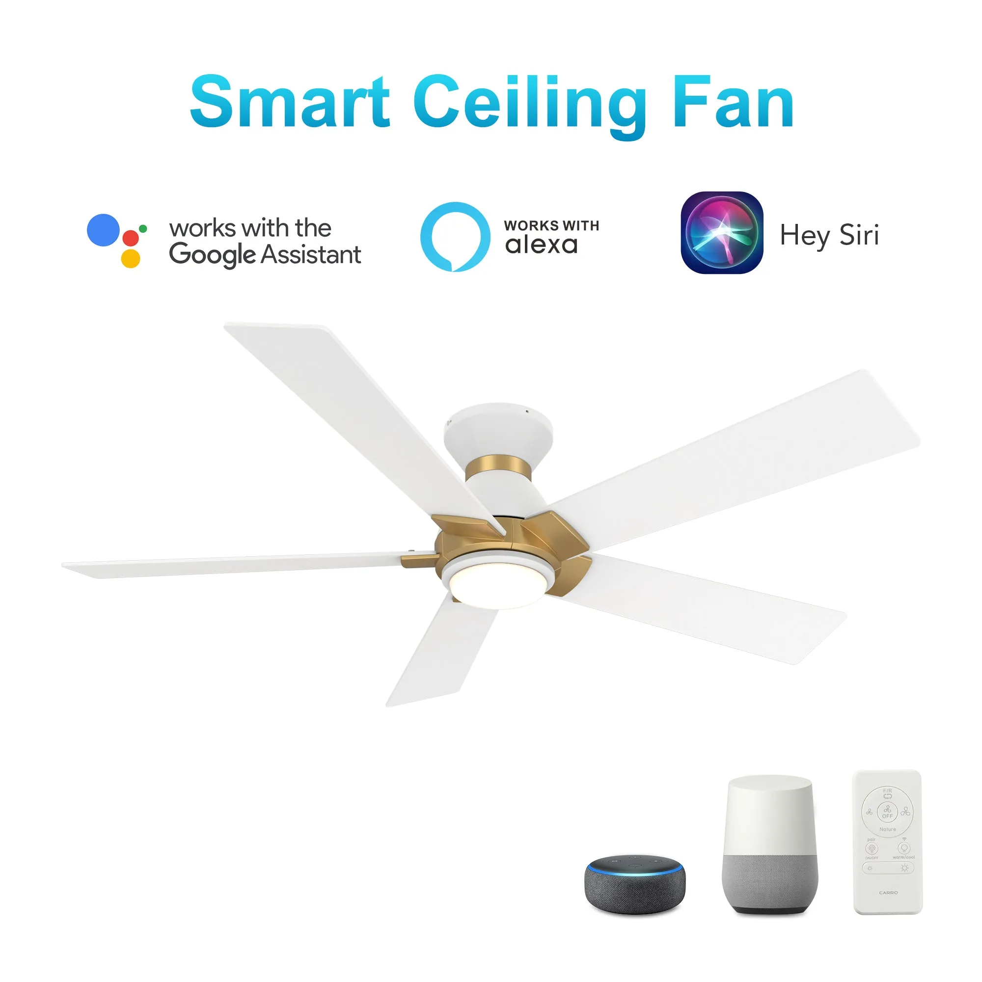 ASCENDER 48 inch 5-Blade Flush Mount Smart Ceiling Fan with LED Light & Remote Control - White/White (Gold Details)