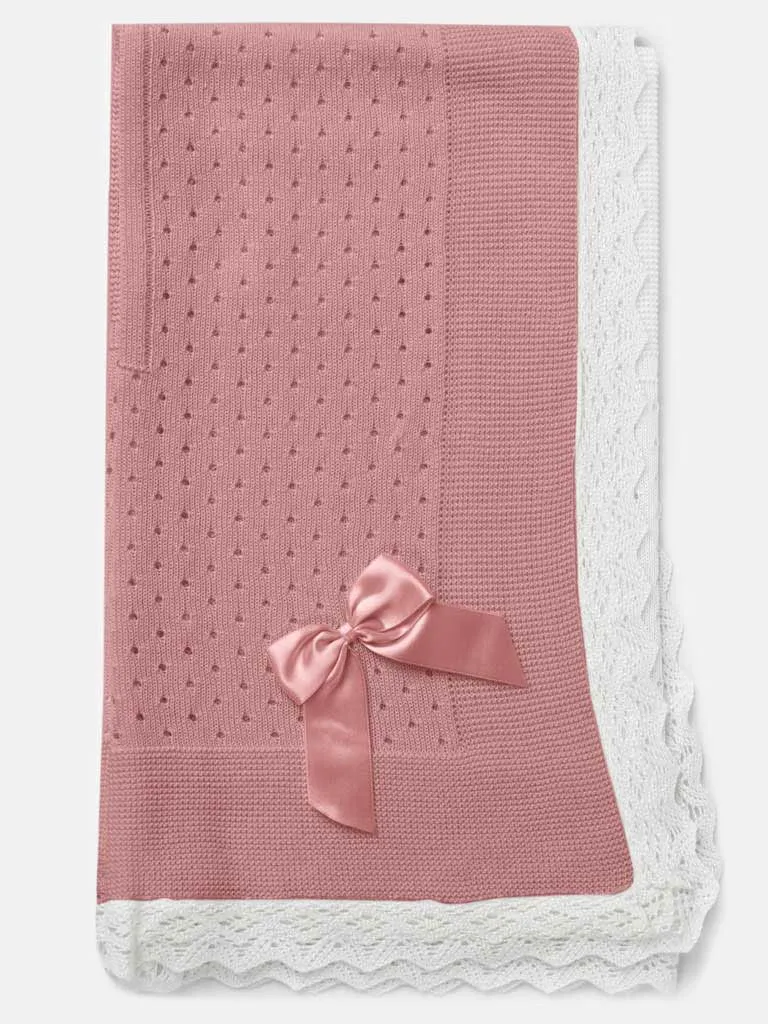 Baby Open Dot Knitted Spanish Blanket with Bow-Dusty Pink