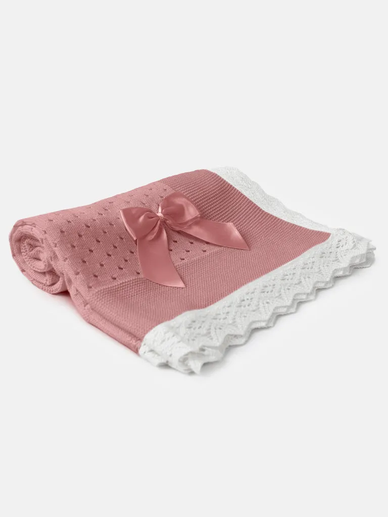 Baby Open Dot Knitted Spanish Blanket with Bow-Dusty Pink