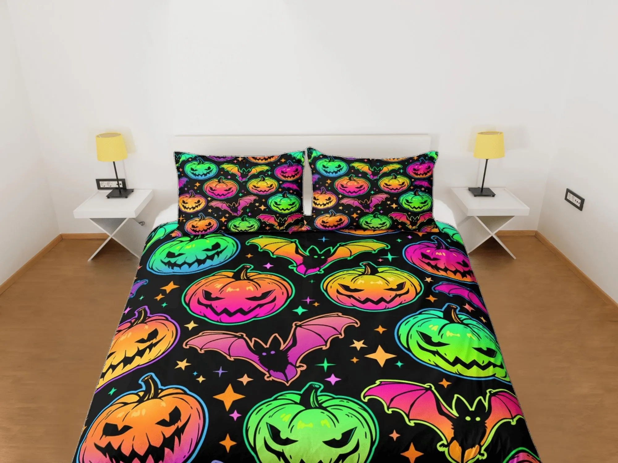 Bat and pumpkin 90s neon halloween bedding hippie retro duvet cover set, colorful dorm bedding, teens bedroom, adult duvet, toddler bedding