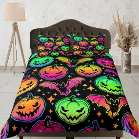 Bat and pumpkin 90s neon halloween bedding hippie retro duvet cover set, colorful dorm bedding, teens bedroom, adult duvet, toddler bedding