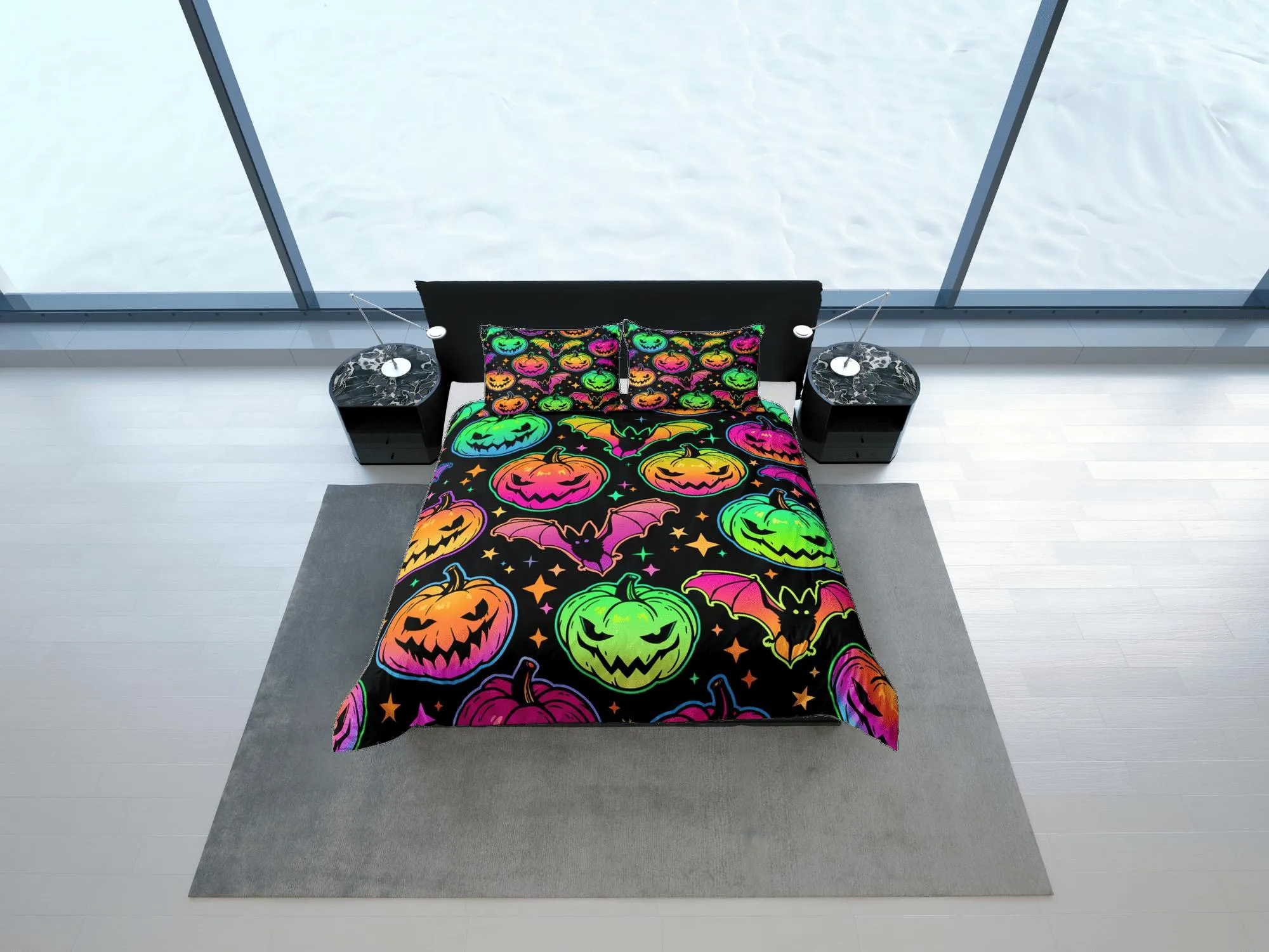 Bat and pumpkin 90s neon halloween bedding hippie retro duvet cover set, colorful dorm bedding, teens bedroom, adult duvet, toddler bedding