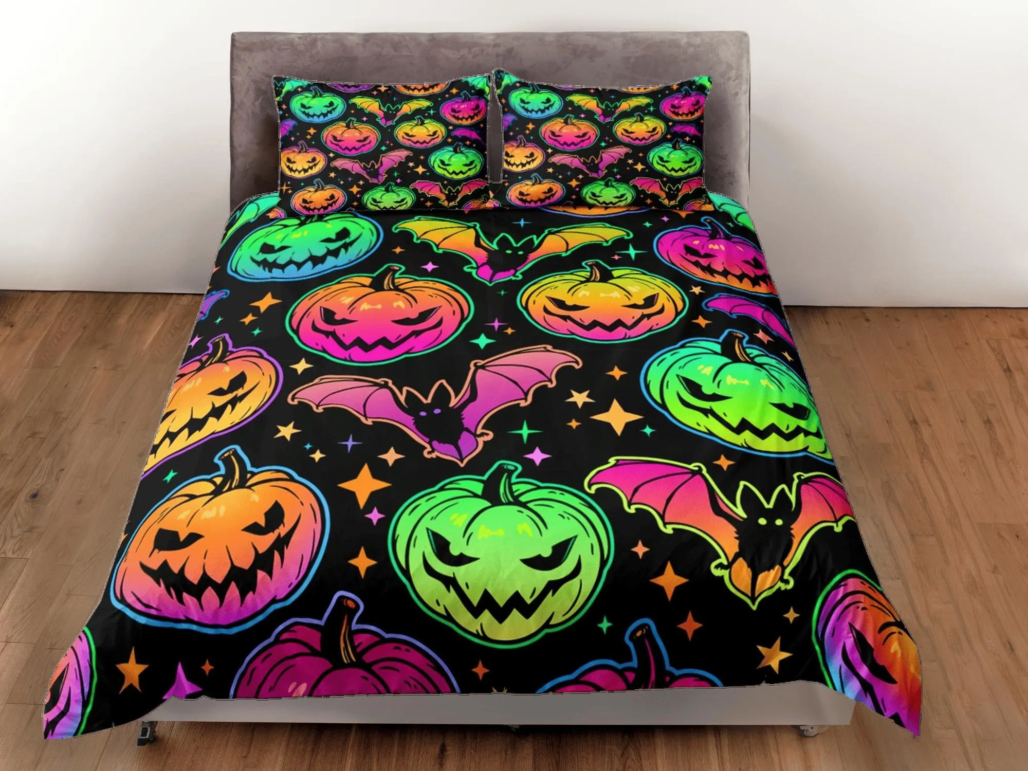 Bat and pumpkin 90s neon halloween bedding hippie retro duvet cover set, colorful dorm bedding, teens bedroom, adult duvet, toddler bedding