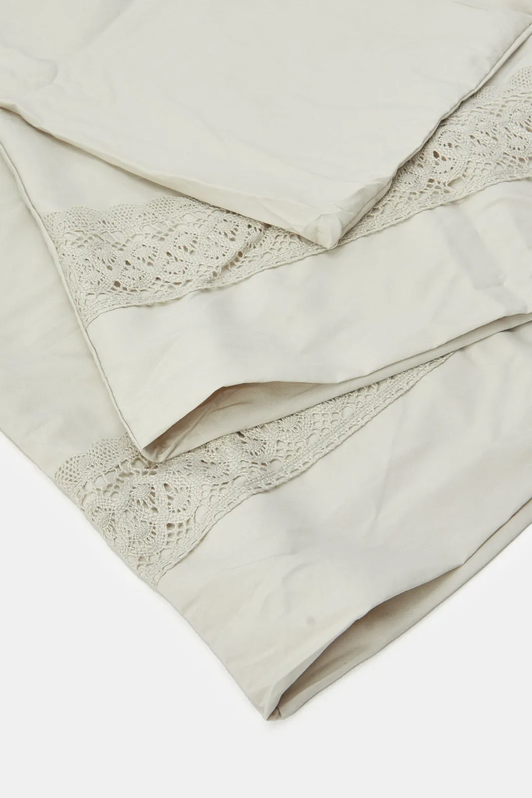 Beige 3 Piece Lace Trim Duvet Cover Set (King Size)