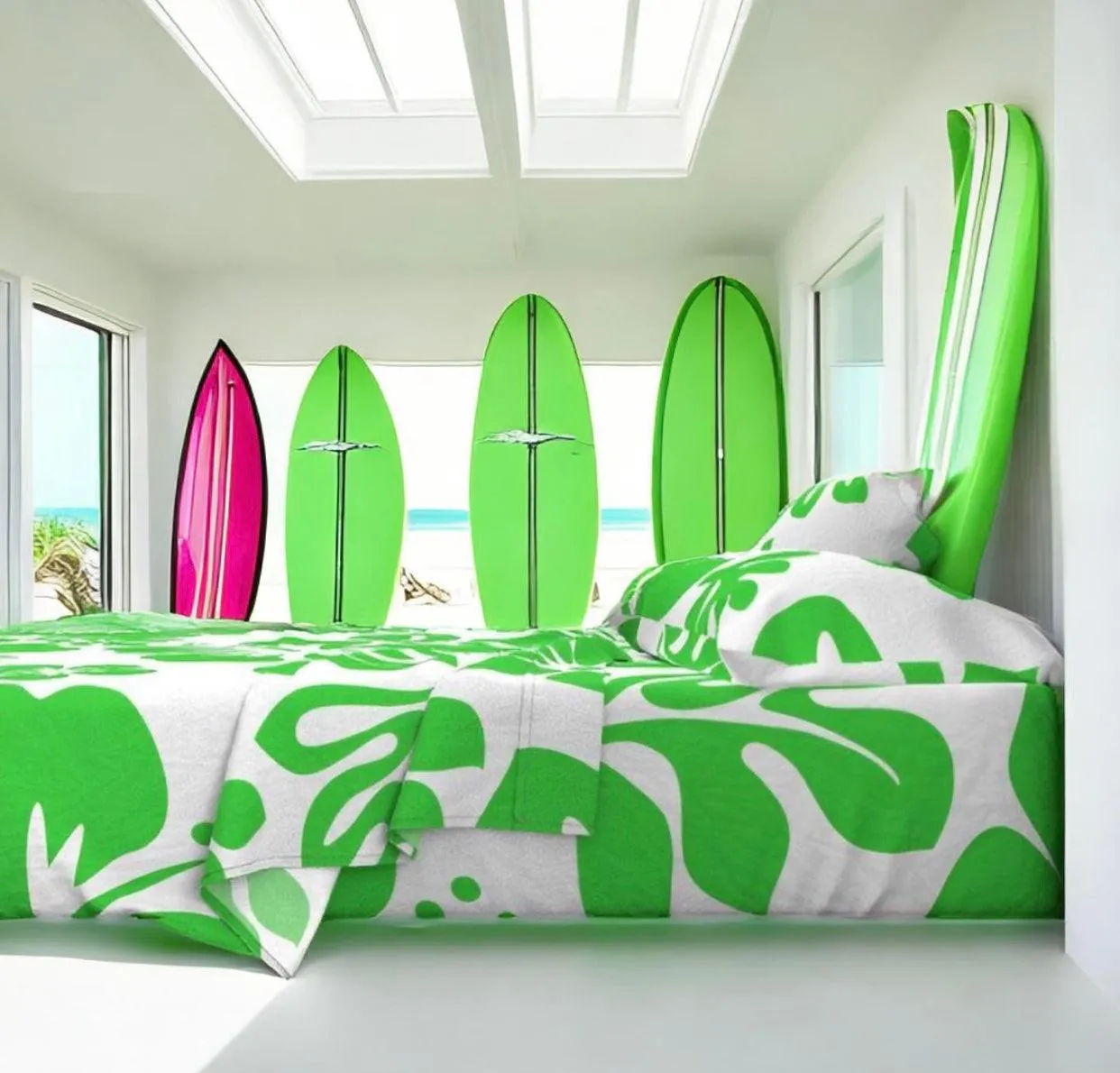 Bright Lime Green Hawaiian Flowers on White Sheet Set from Surfer Bedding™️ Large Scale