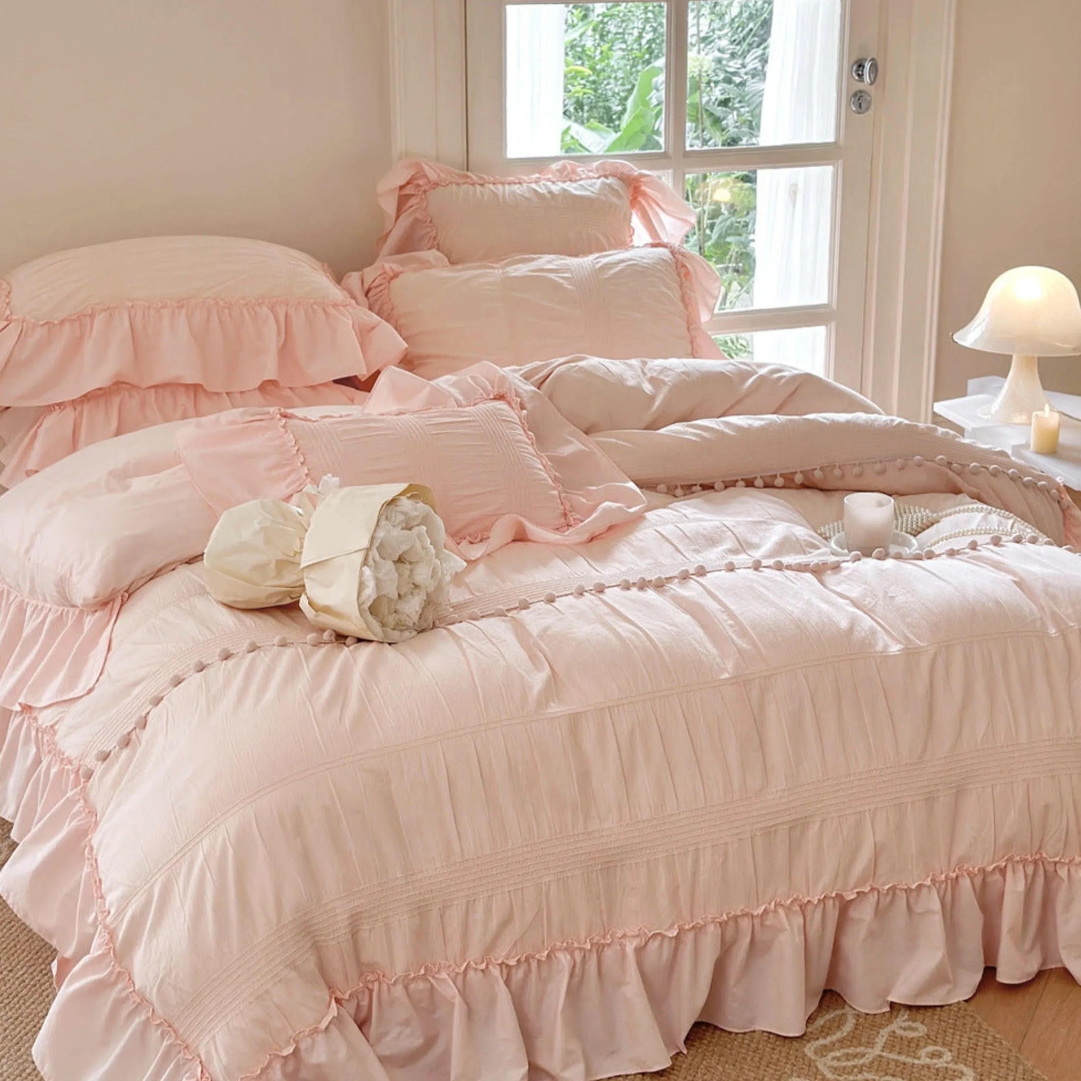 Bubble Washed Cotton Ruffle Bedding Set / Pink