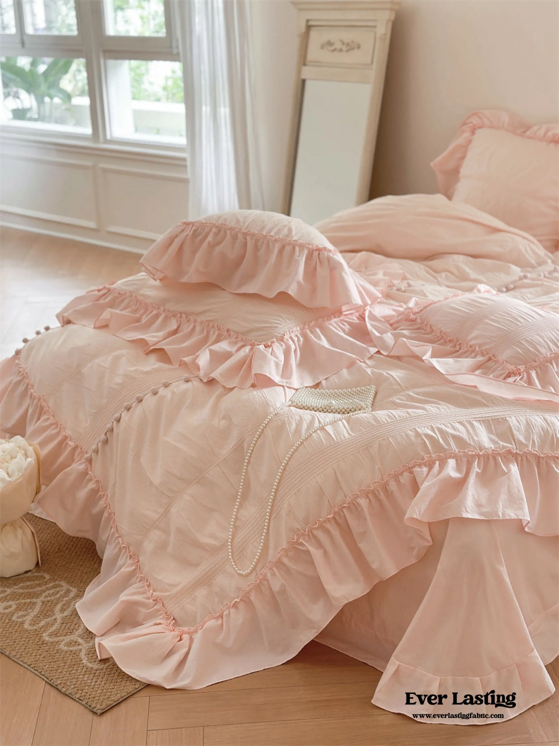 Bubble Washed Cotton Ruffle Bedding Set / Pink