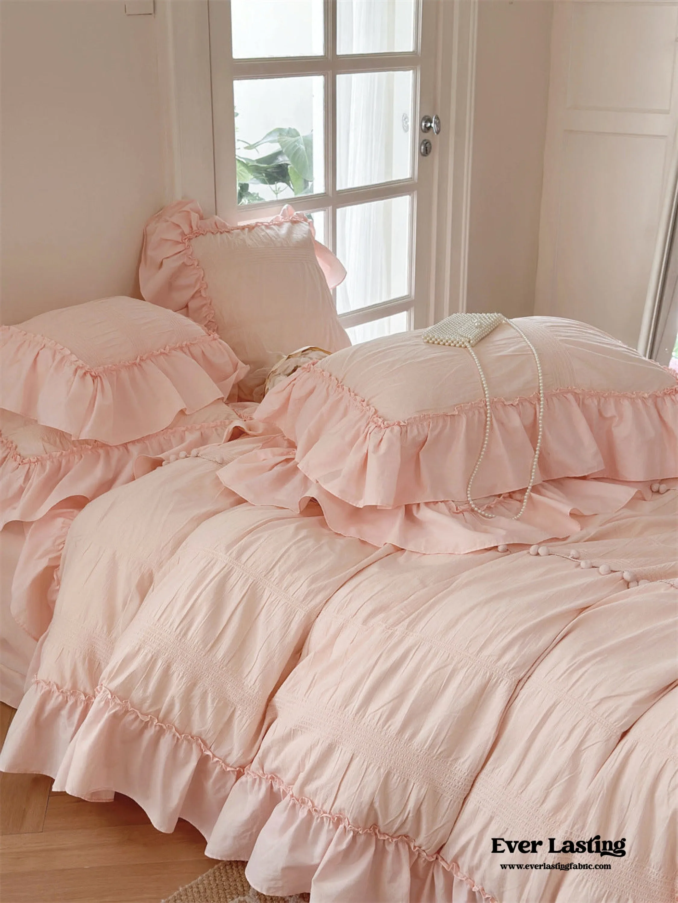 Bubble Washed Cotton Ruffle Bedding Set / Pink