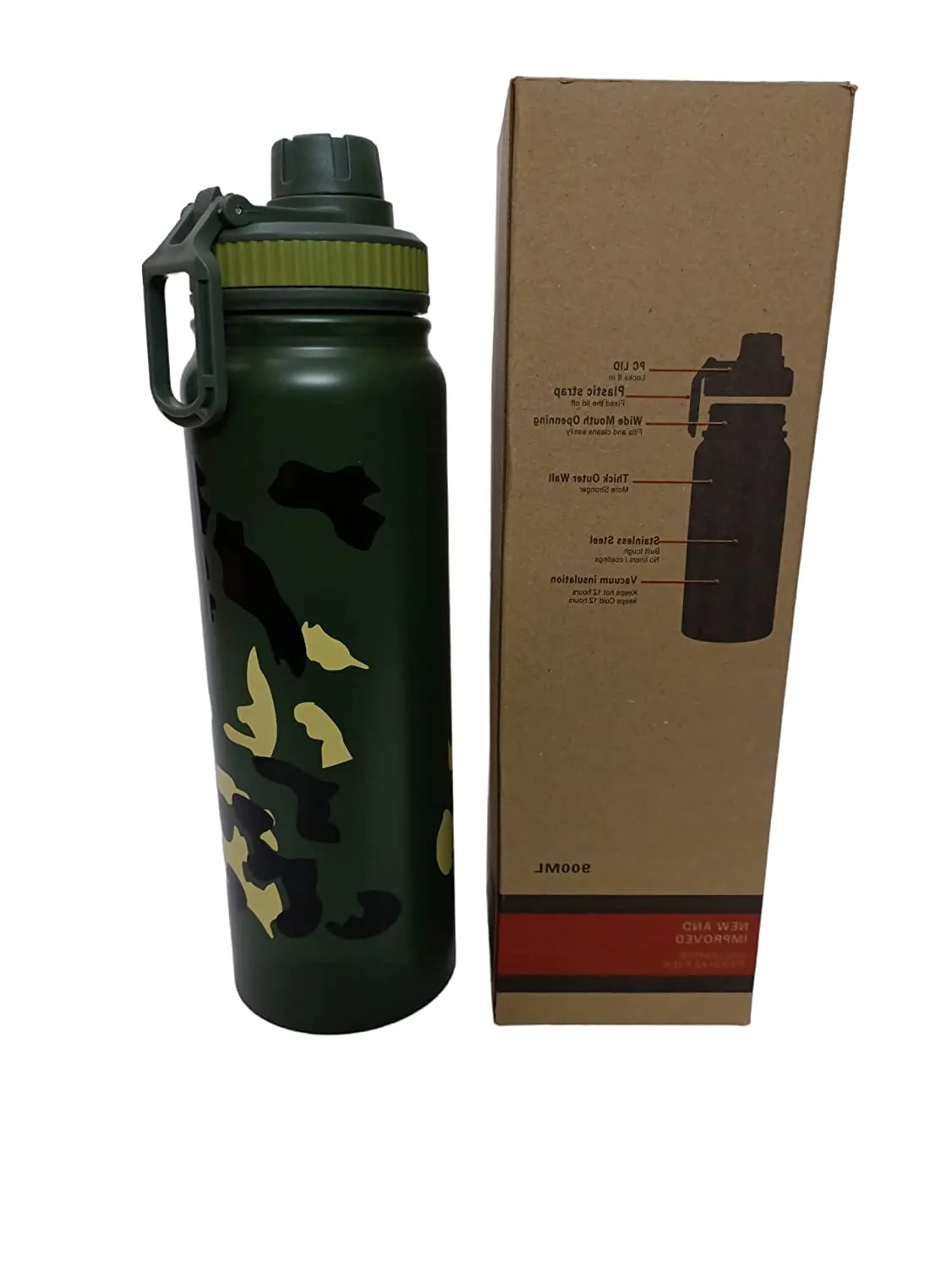 Camo Stainless Steel Water Bottle | Double Wall Vacuum | Insulated Flask Leakproof (Camouflage) (900 Ml)