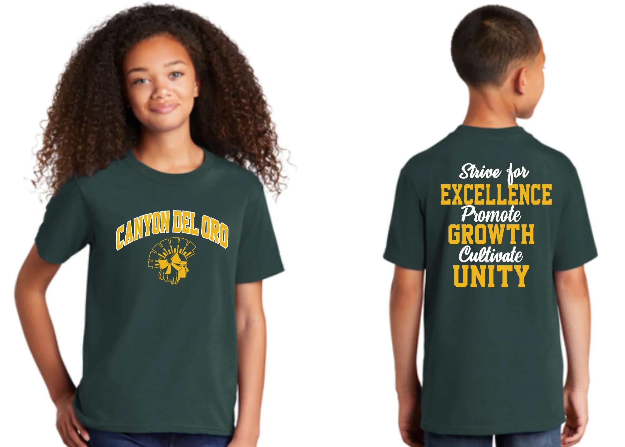 Canyon Del Oro Dorados Youth Spiritline - Cheer - Pomline Motto Green T-Shirt for young fans