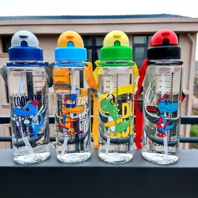 Cartoon Water Bottle with Straw Leak-proof Design for Kids 650ml