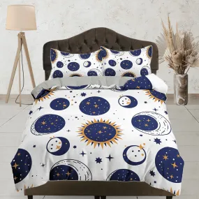 Celestial bodies bedding white, witchy decor dorm bedding, aesthetic duvet cover set, boho bedding set full king queen, astrology gifts