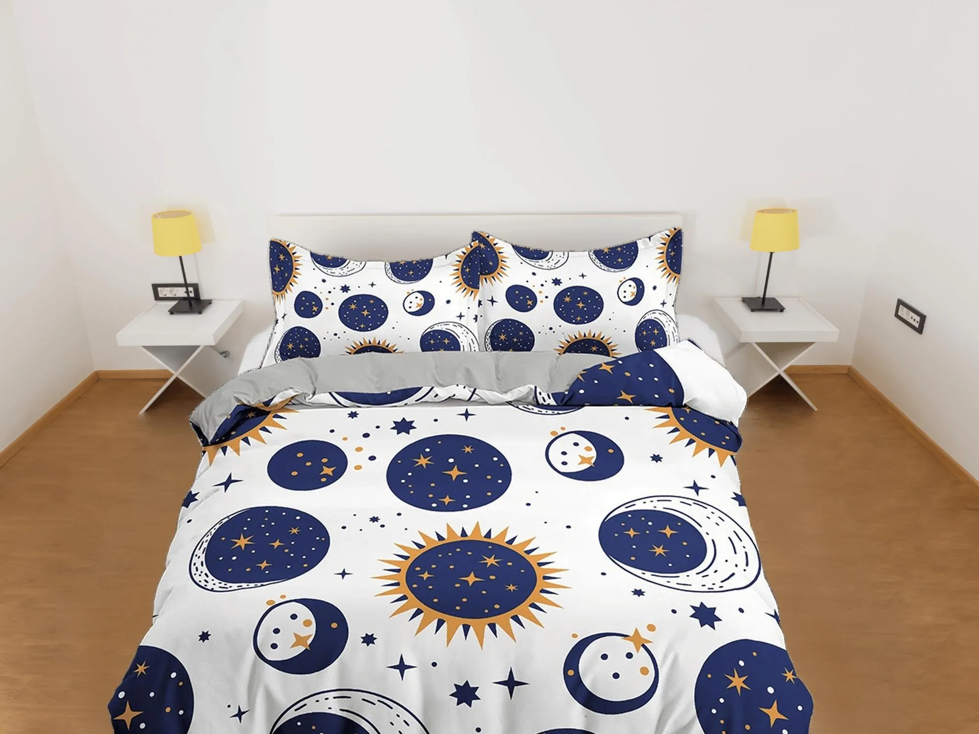 Celestial bodies bedding white, witchy decor dorm bedding, aesthetic duvet cover set, boho bedding set full king queen, astrology gifts