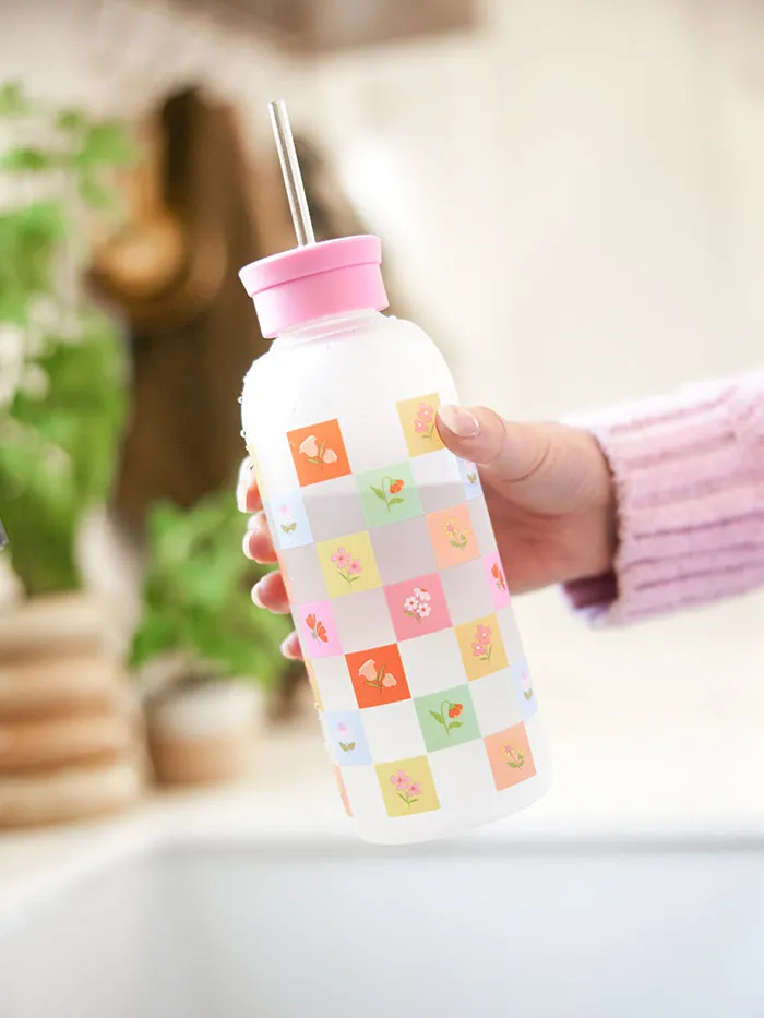 Checkerboard Blooms Glass Water Bottle with Straw