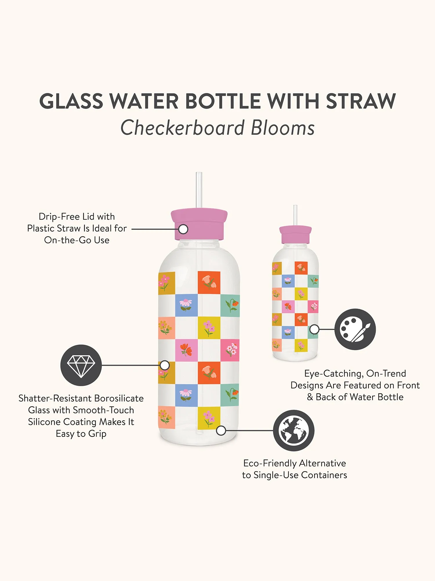 Checkerboard Blooms Glass Water Bottle with Straw