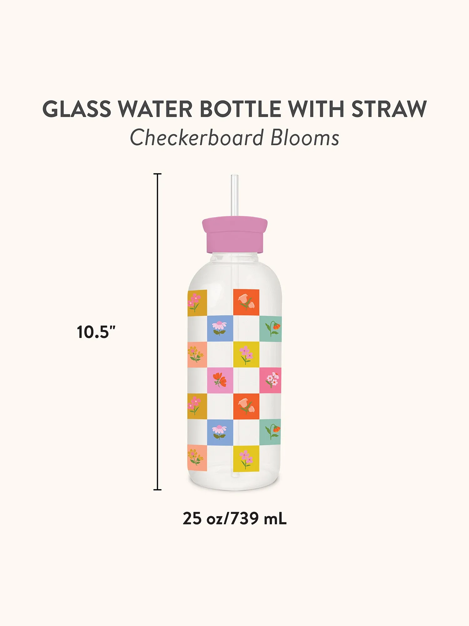 Checkerboard Blooms Glass Water Bottle with Straw