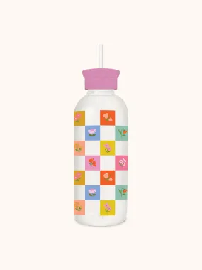 Checkerboard Blooms Glass Water Bottle with Straw