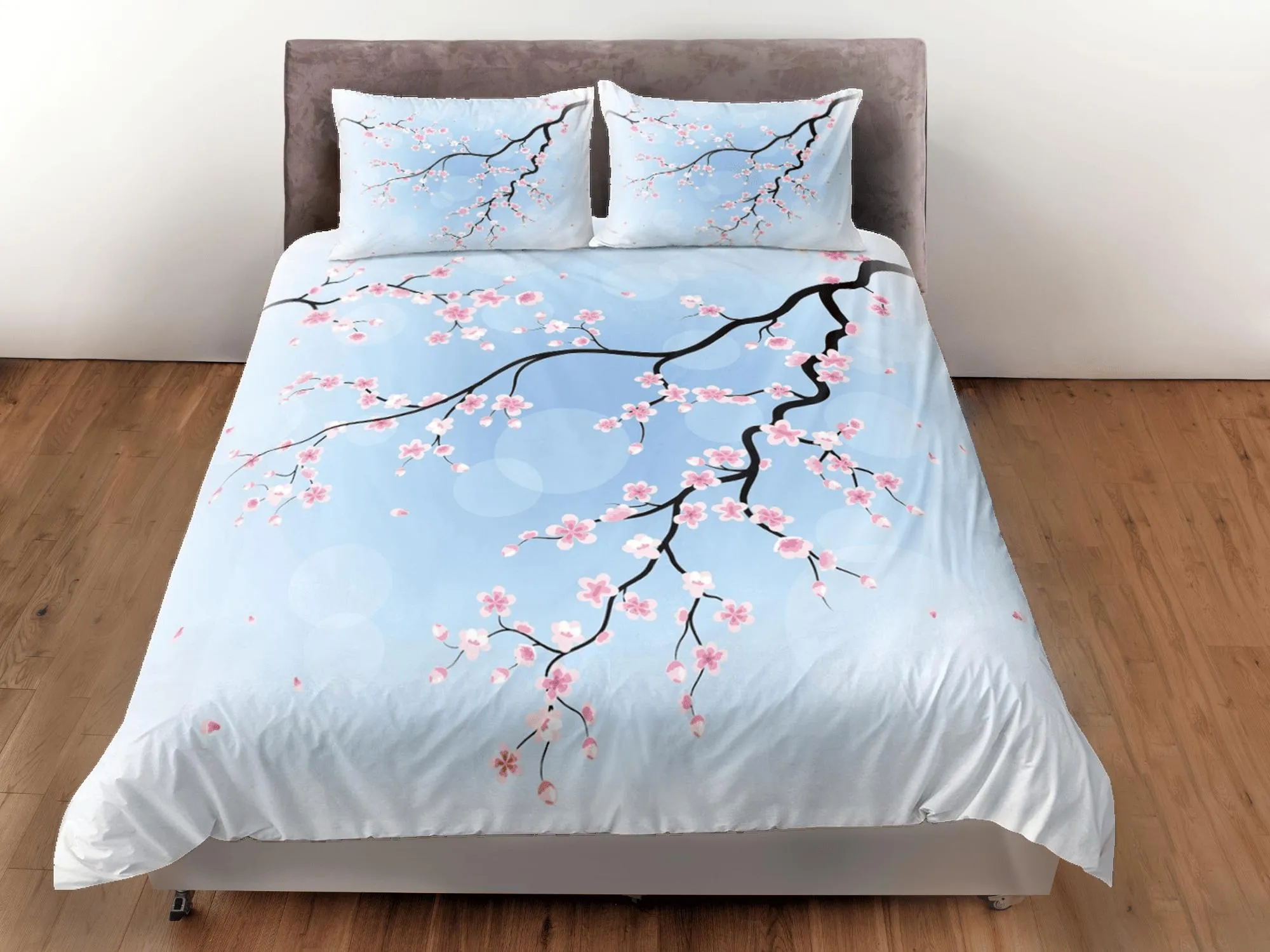 Cherry blossom light blue bedding floral prints duvet cover queen, king, boho bedding designer bedspread full size bedding aesthetic