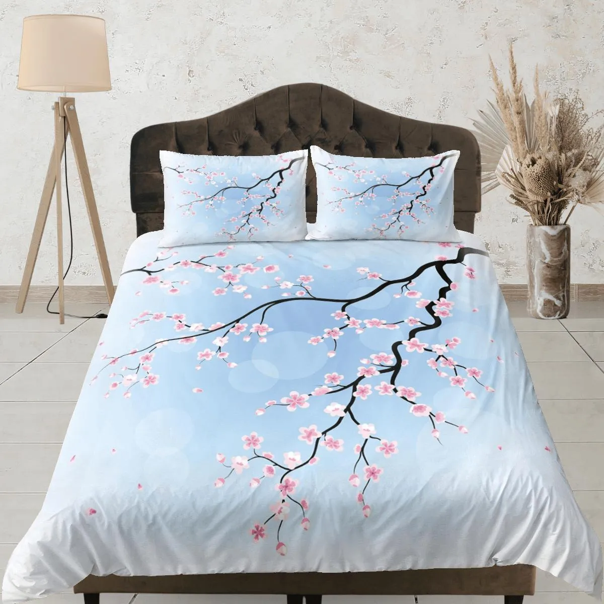 Cherry blossom light blue bedding floral prints duvet cover queen, king, boho bedding designer bedspread full size bedding aesthetic