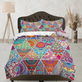 Colorful mexican patchwork quilt printed duvet cover set, aesthetic room bedding set full, king, queen size, boho bedspread shabby chic