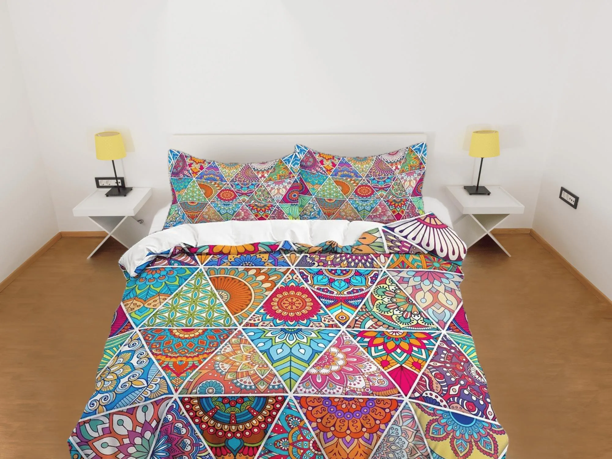 Colorful mexican patchwork quilt printed duvet cover set, aesthetic room bedding set full, king, queen size, boho bedspread shabby chic