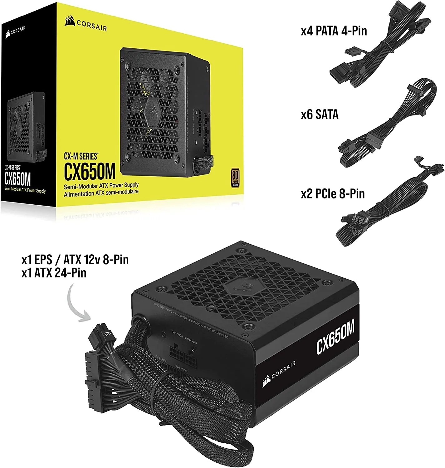 Corsair CX650M, 650 Watt 80 PLUS Bronze Semi-Modular Low-Noise ATX Power Supply (Single EPS12V Connection, 105°C Capacitors, Compact Size) - Black