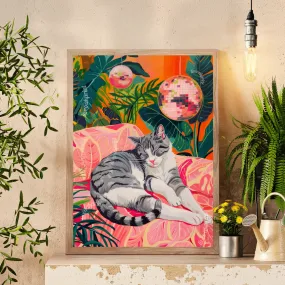 Cozy Disco Gray and White Cat - Disco Cat - Gray Striped Cat Print - Disco Ball Cat Print - Boho Wall Art-  Eclectic Bedroom Art -