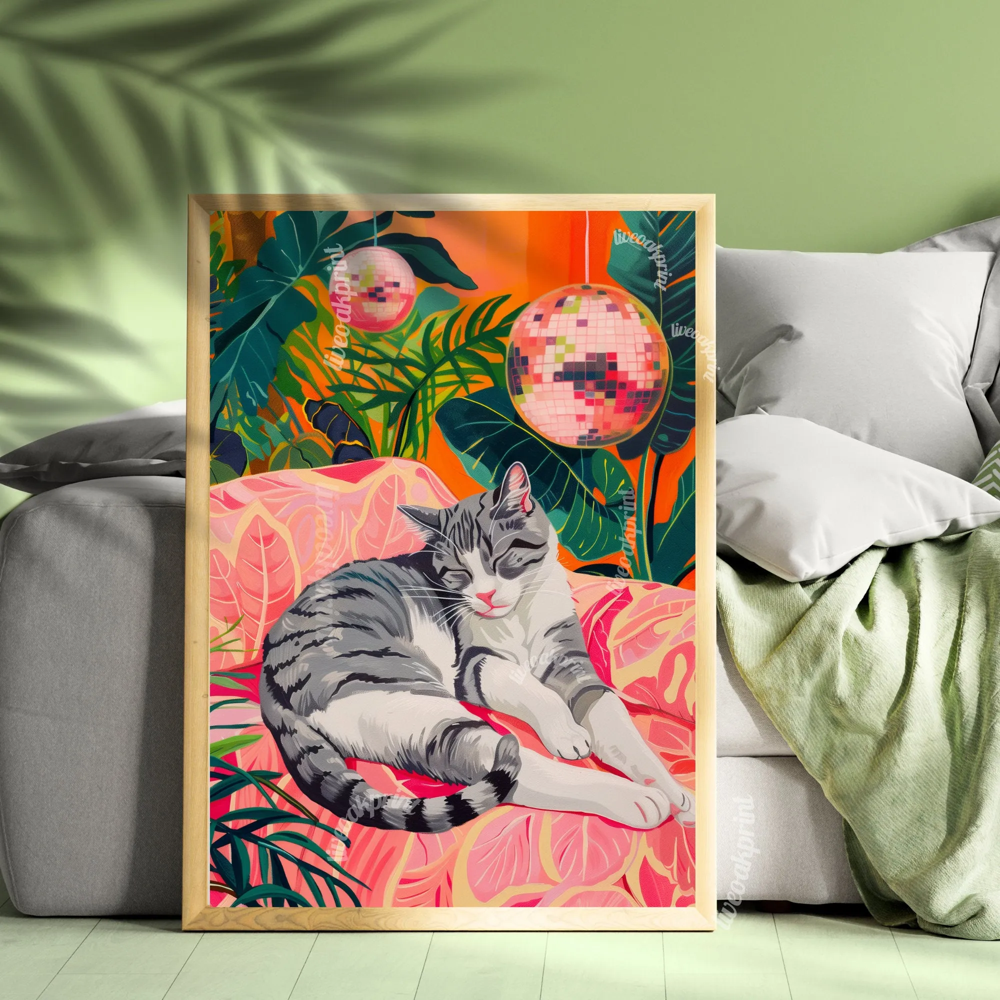 Cozy Disco Gray and White Cat - Disco Cat - Gray Striped Cat Print - Disco Ball Cat Print - Boho Wall Art-  Eclectic Bedroom Art -